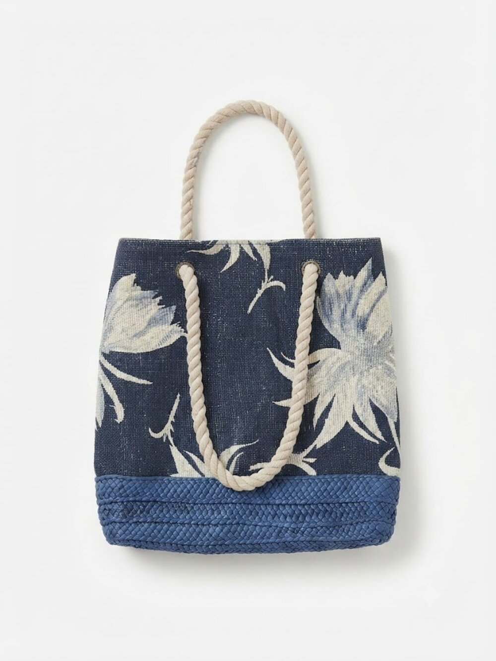 Navy Floral Rope-Handle Tote Beach Bag